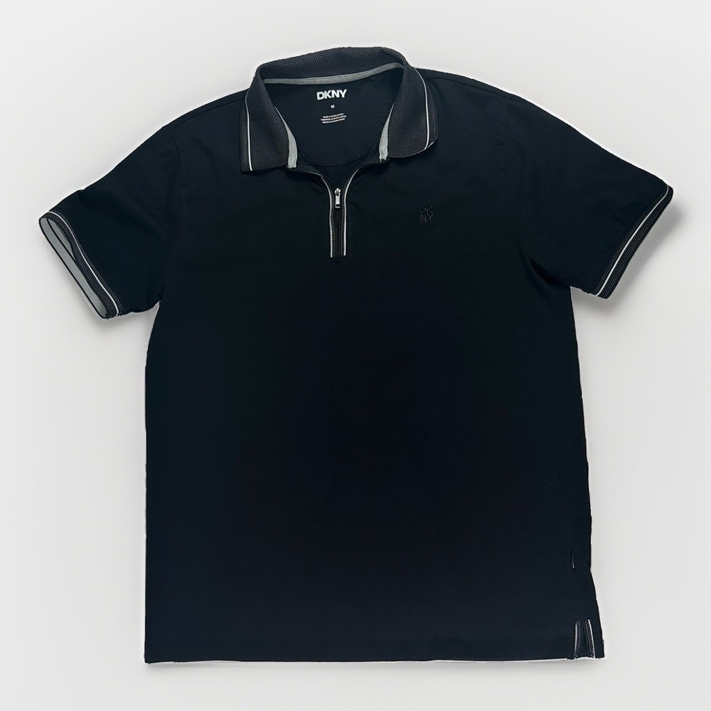 DKNY Men's Polo Shirt M Black/White Geometric Knit 1/4 Zip Short Sleeve